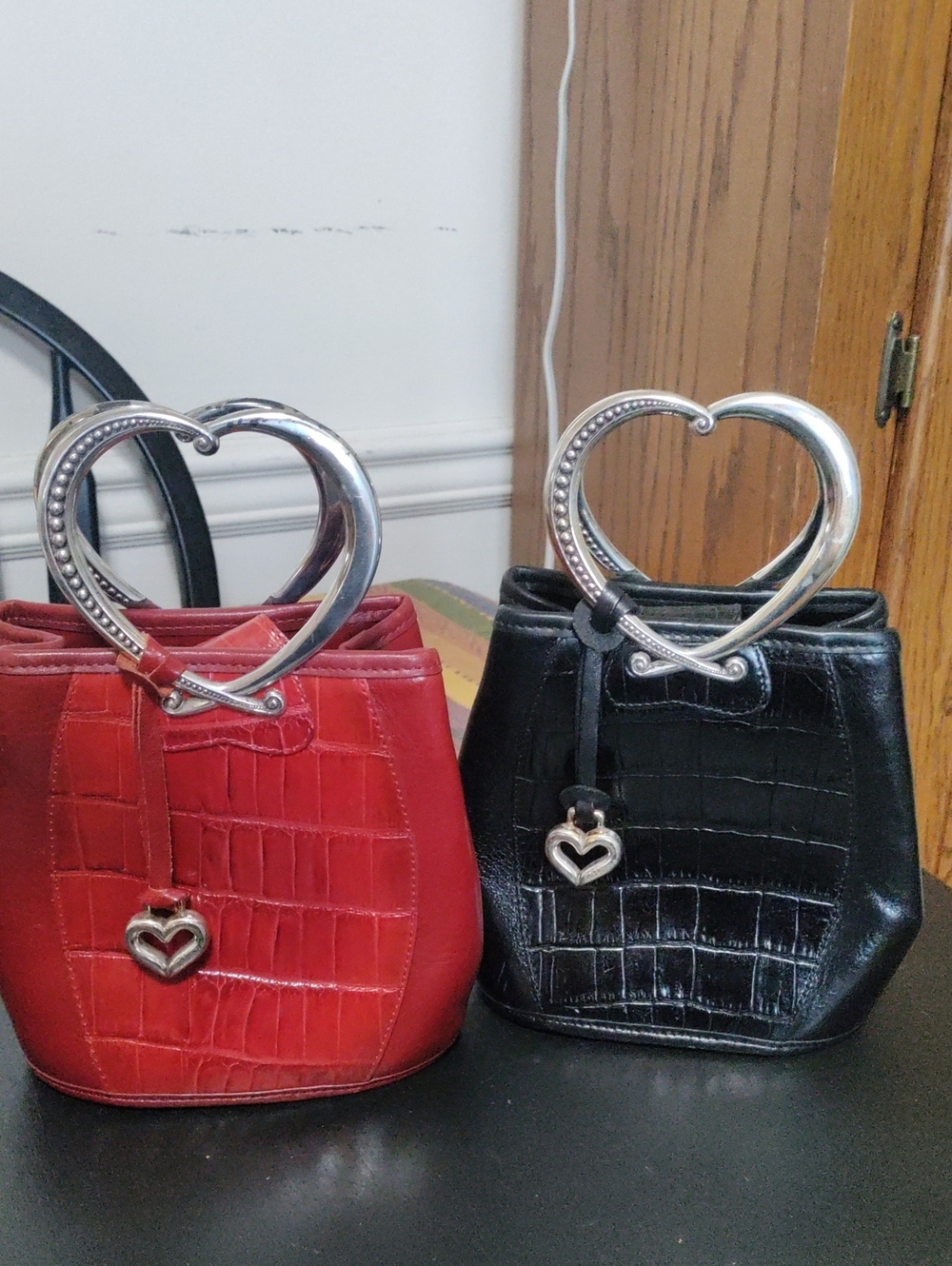 Brighton Heart-Handle Croc-Embossed Bucket Bag - Red And Black Set
